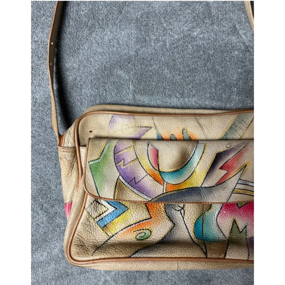 Magnifique Abstract Hand Painted Leather Crossbody Bag Beige Vintage Purse